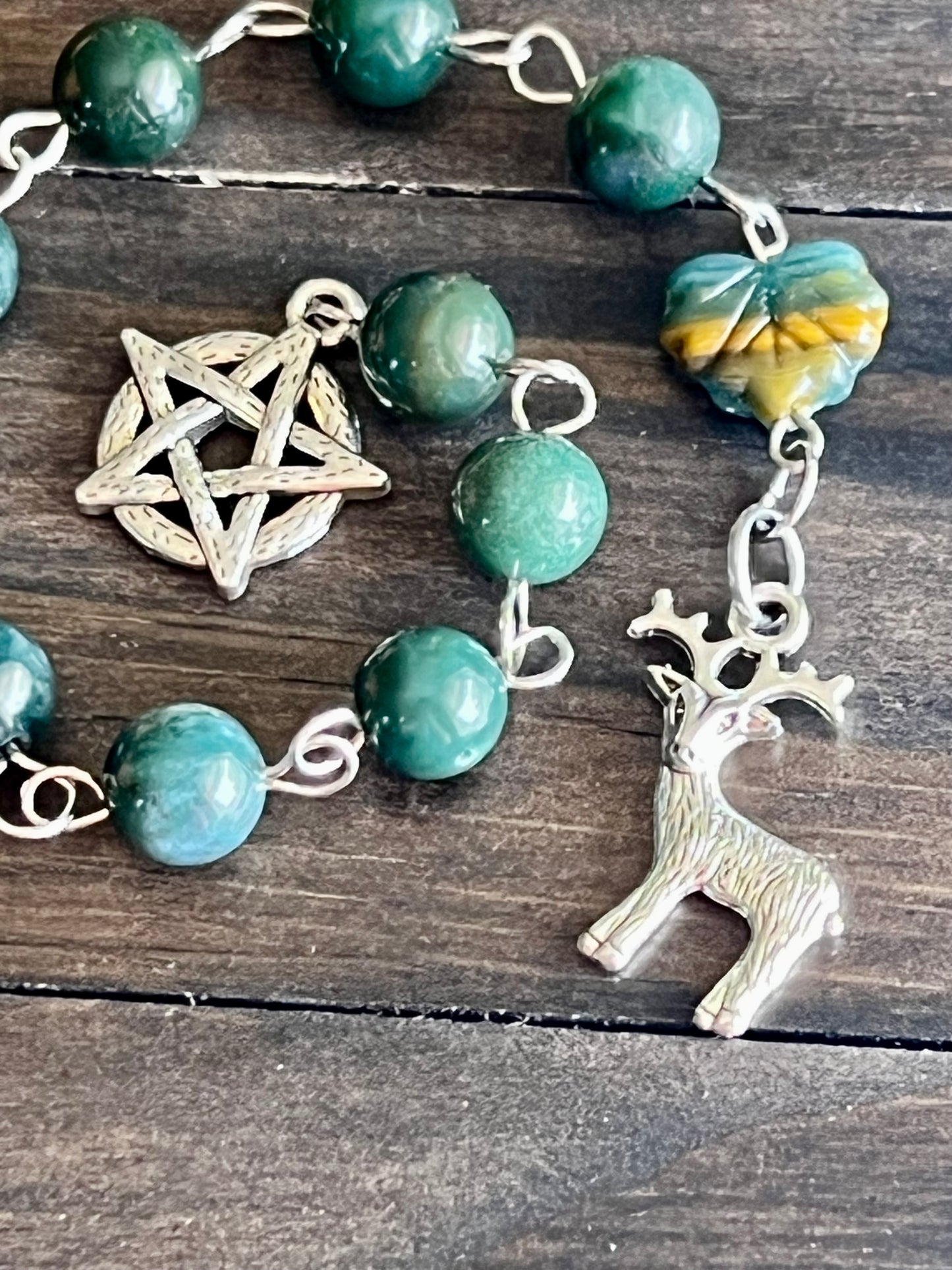 Evergreen- Deer prayer beads with Moss Agate, please read