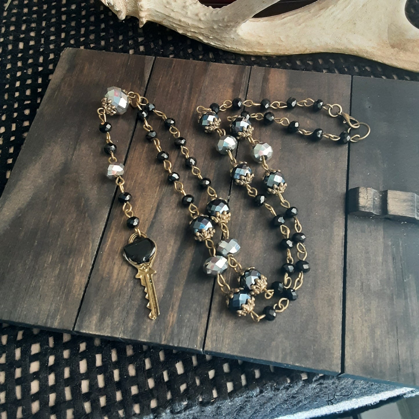 Obsidian key rosary necklace