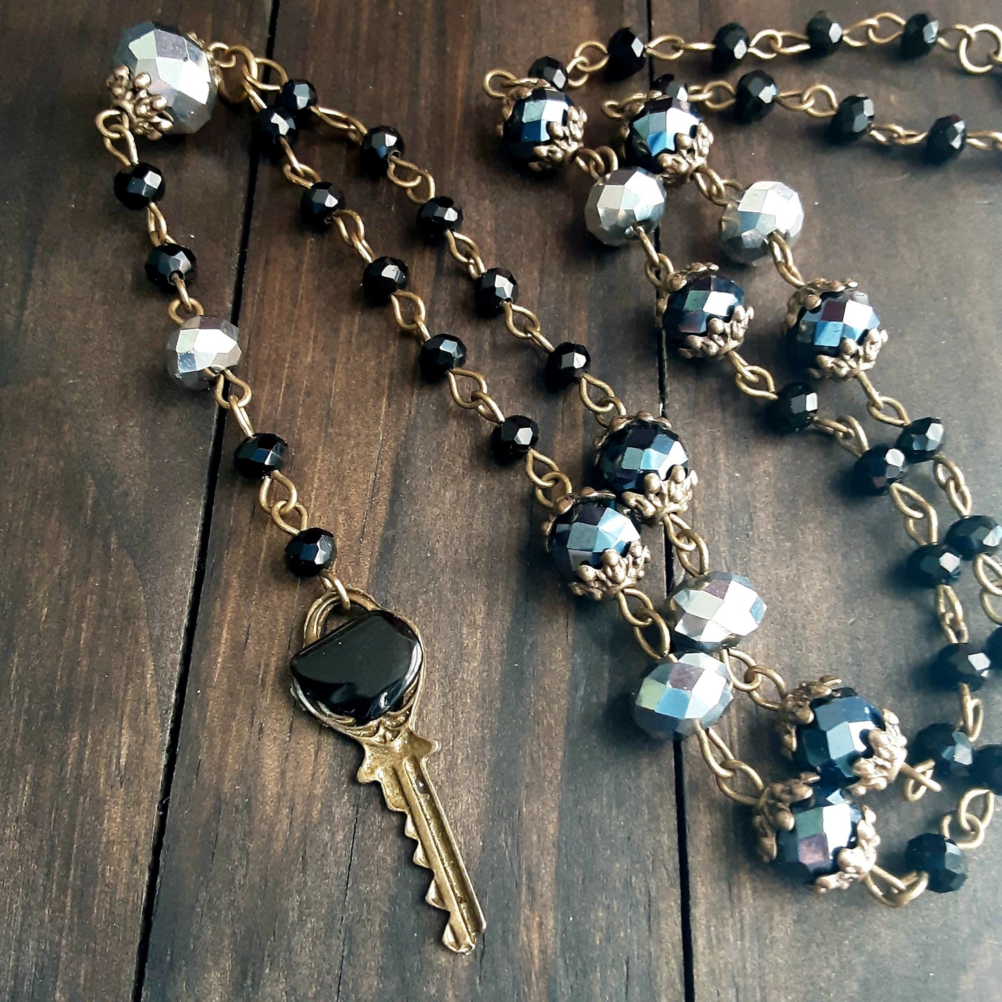 Obsidian key rosary necklace
