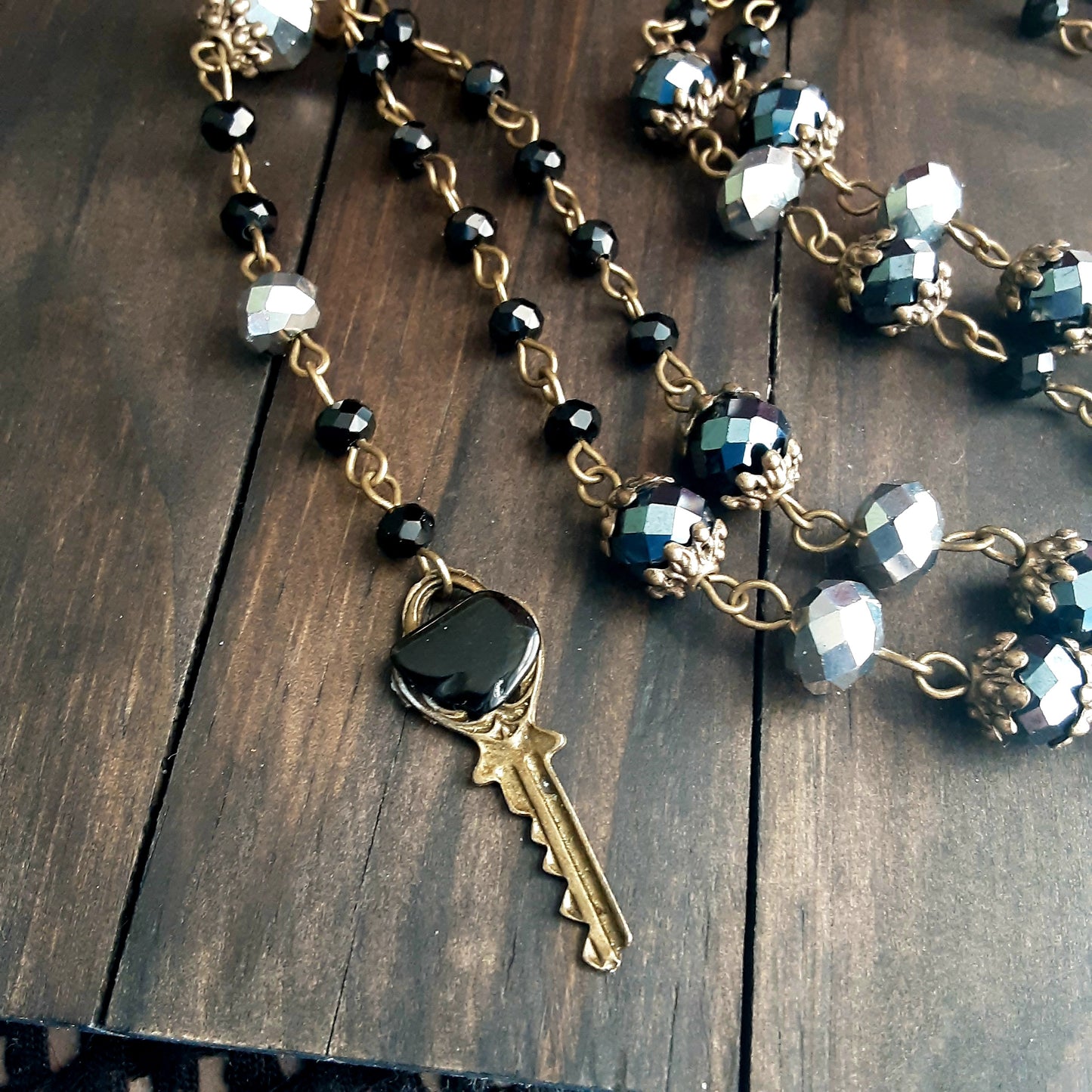 Obsidian key rosary necklace