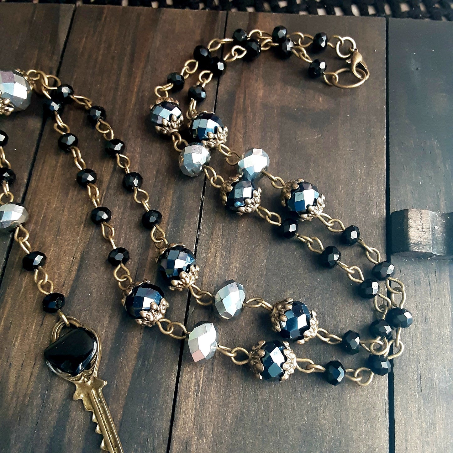 Obsidian key rosary necklace