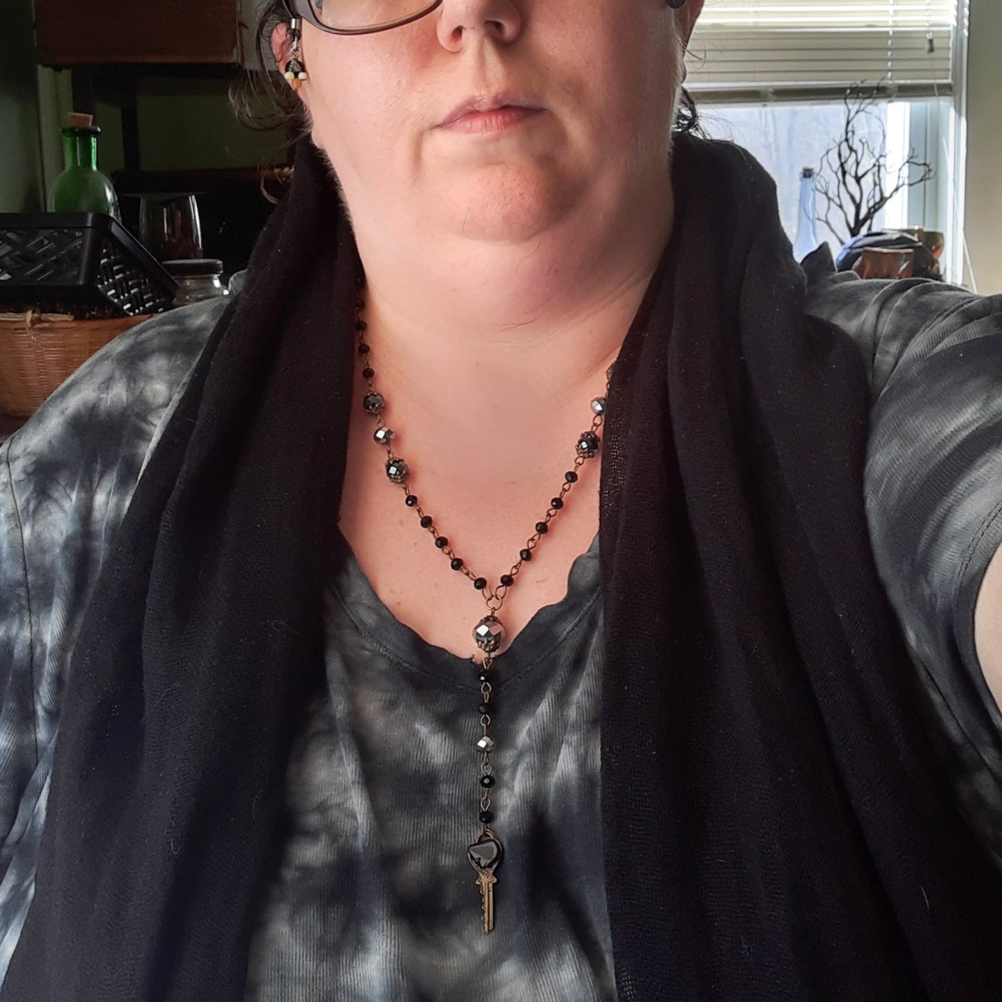 Obsidian key rosary necklace