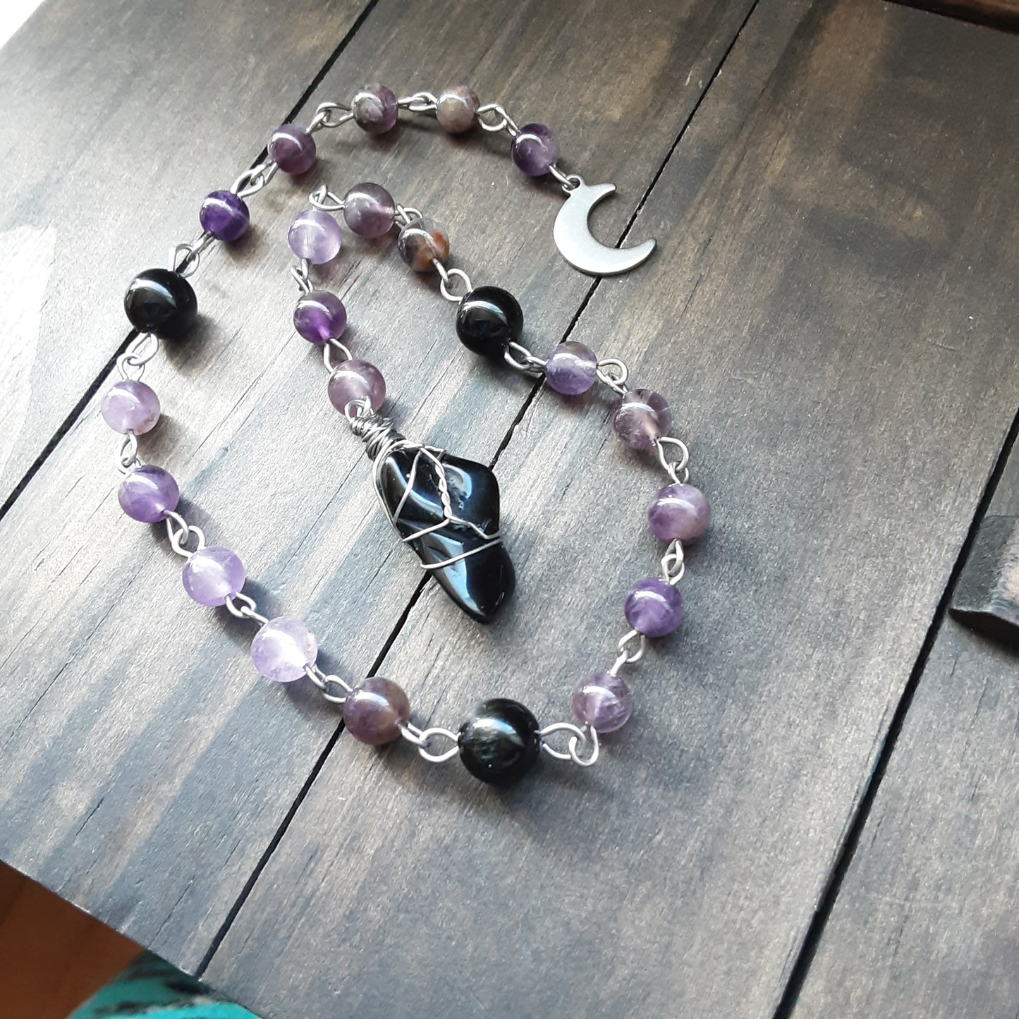 Amethyst and Obsidian prayer beads, Stainless steel