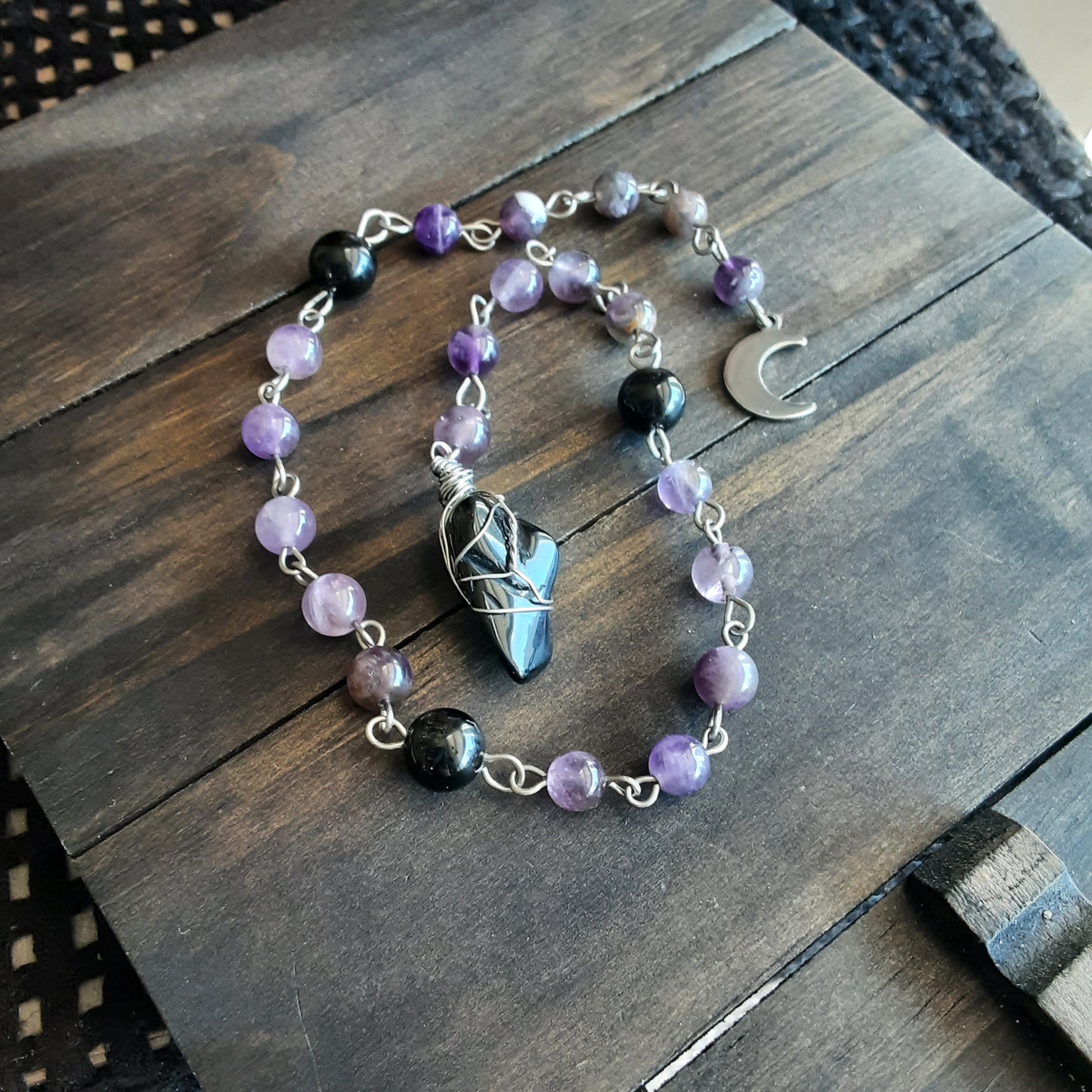 Amethyst and Obsidian prayer beads, Stainless steel