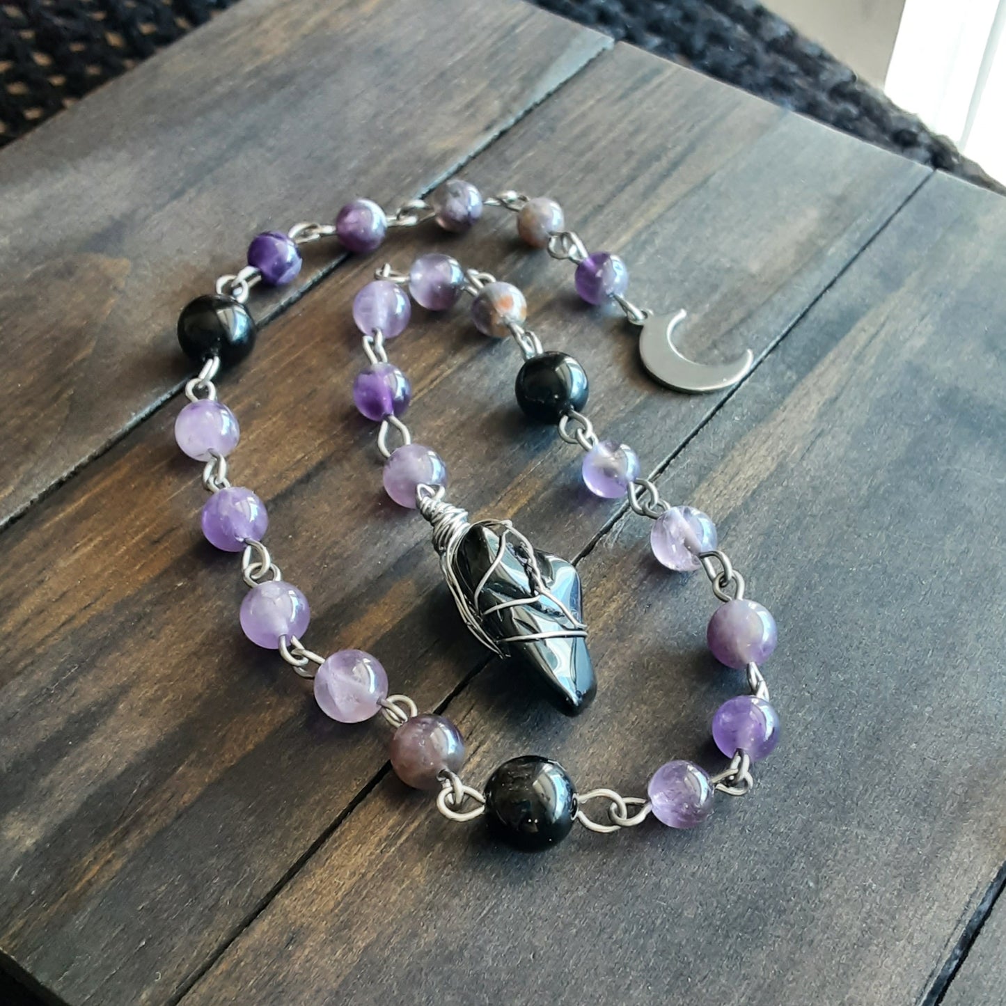 Amethyst and Obsidian prayer beads, Stainless steel