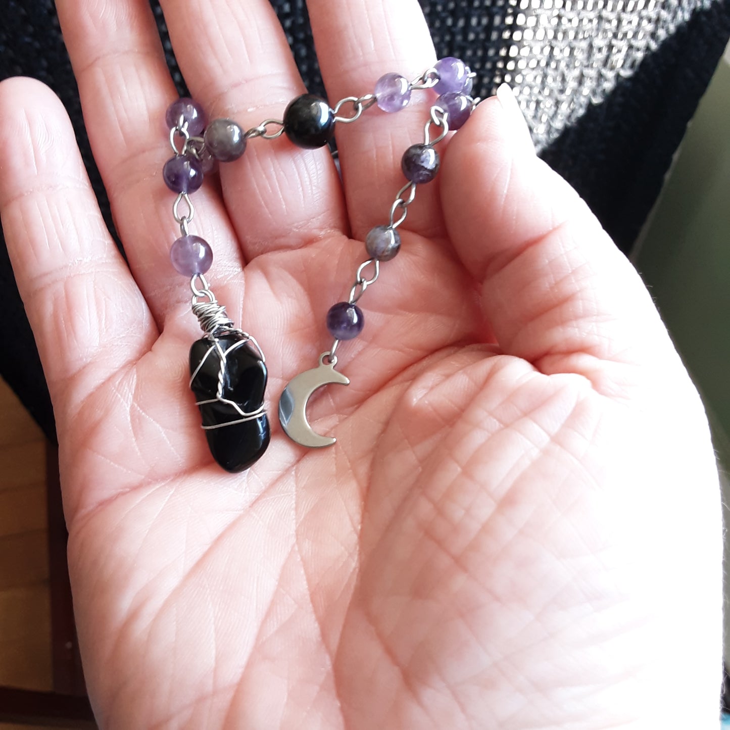 Amethyst and Obsidian prayer beads, Stainless steel