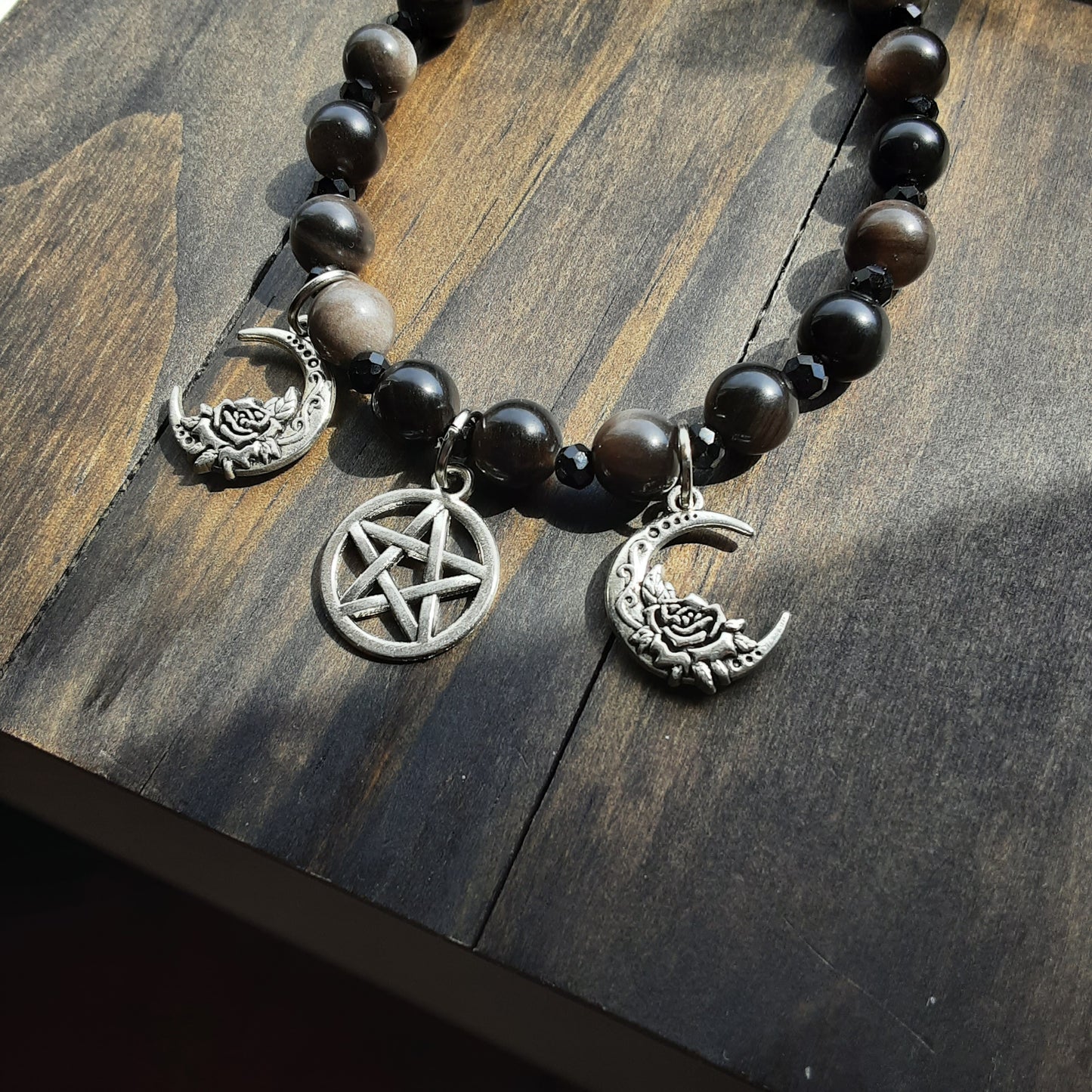 Triple Moon Goddess bracelet with Obsidian