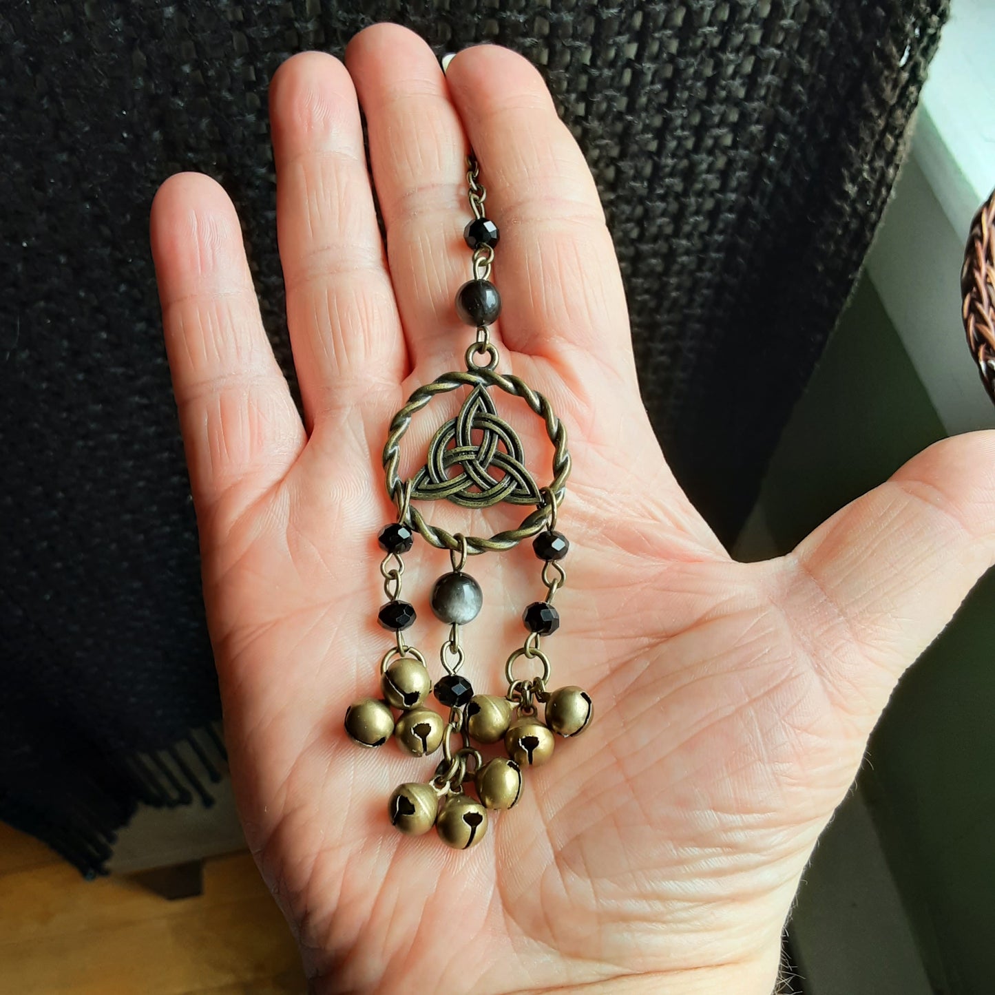 Triquetra witch bells with Obsidian
