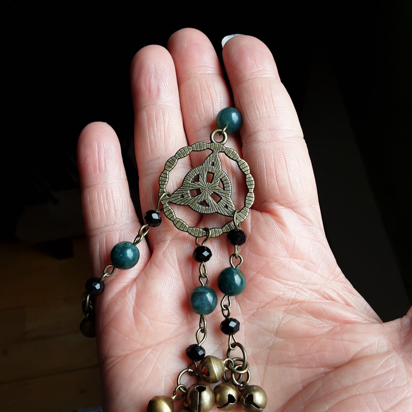 Triquetra witch bells with Moss Agate