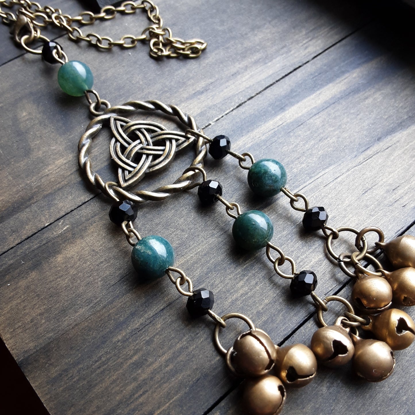 Triquetra witch bells with Moss Agate