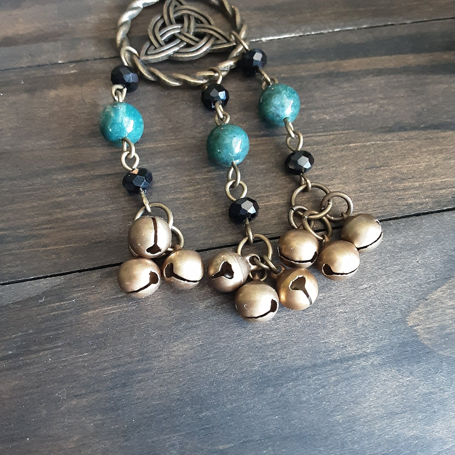 Triquetra witch bells with Moss Agate