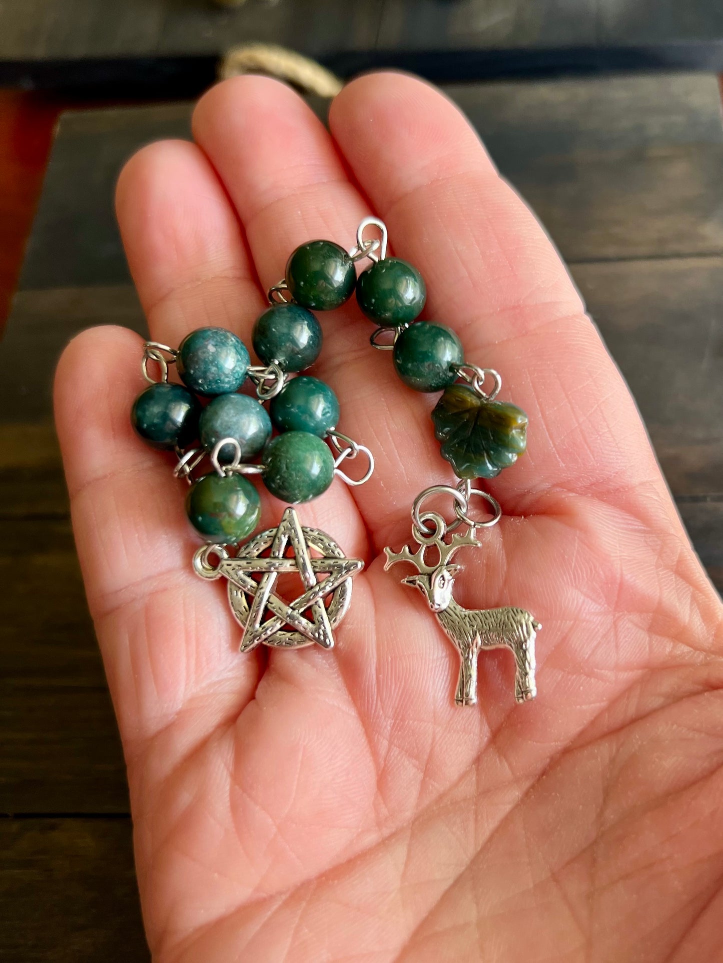 Evergreen- Deer prayer beads with Moss Agate, please read