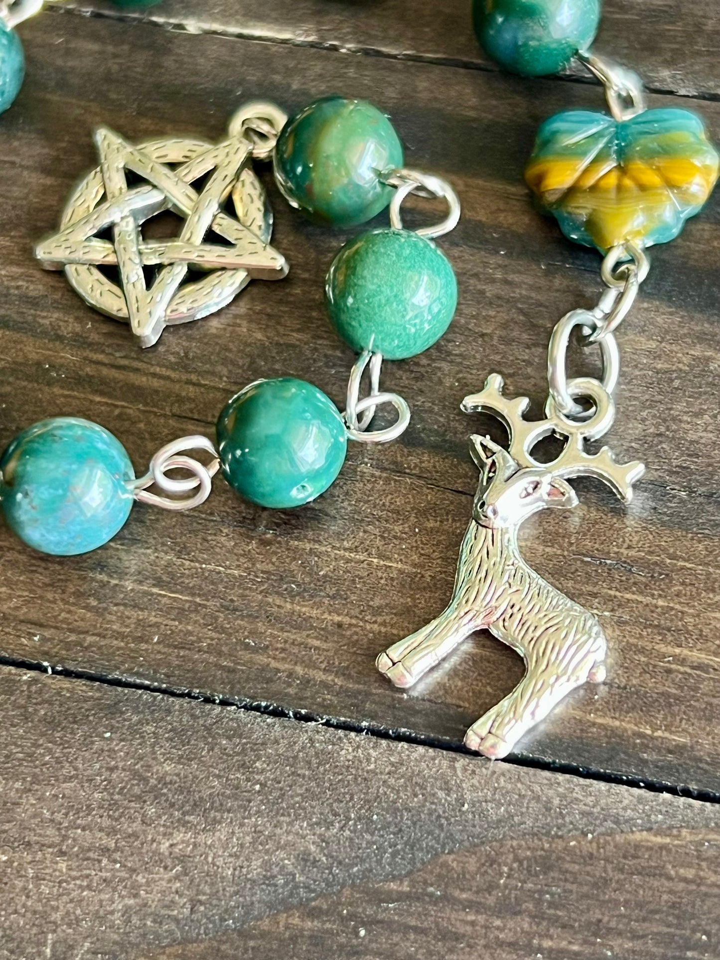 Evergreen- Deer prayer beads with Moss Agate, please read