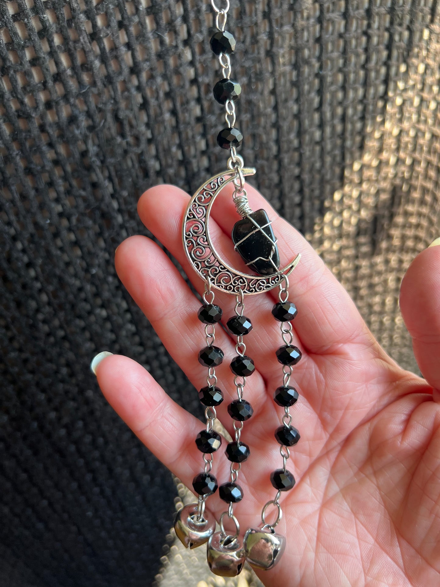 Obsidian and black crystal witch bells