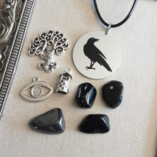 Odin altar decor set and Raven necklace