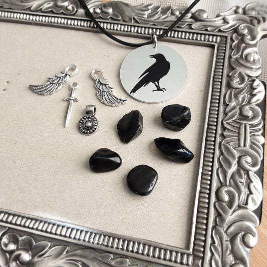 The Morrigan altar decor set and Raven necklace