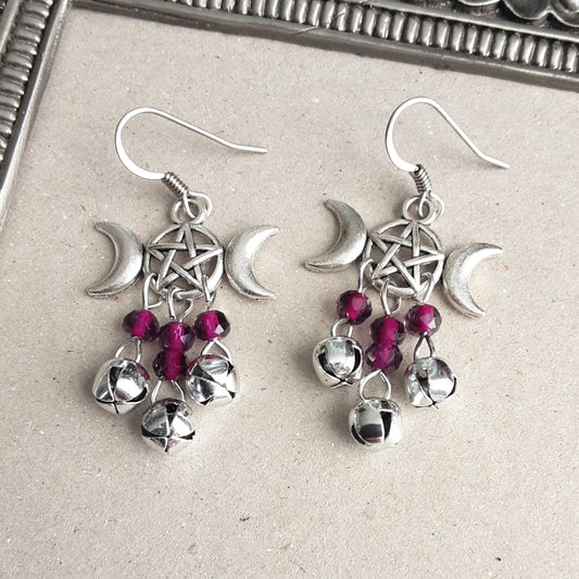 Witch bells earrings with Triple Moon Goddess charms