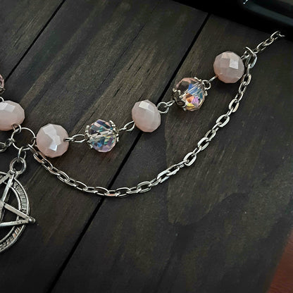 Rose Quartz and pink crystal pentacle necklace, Adjustable Pagan Jewelry