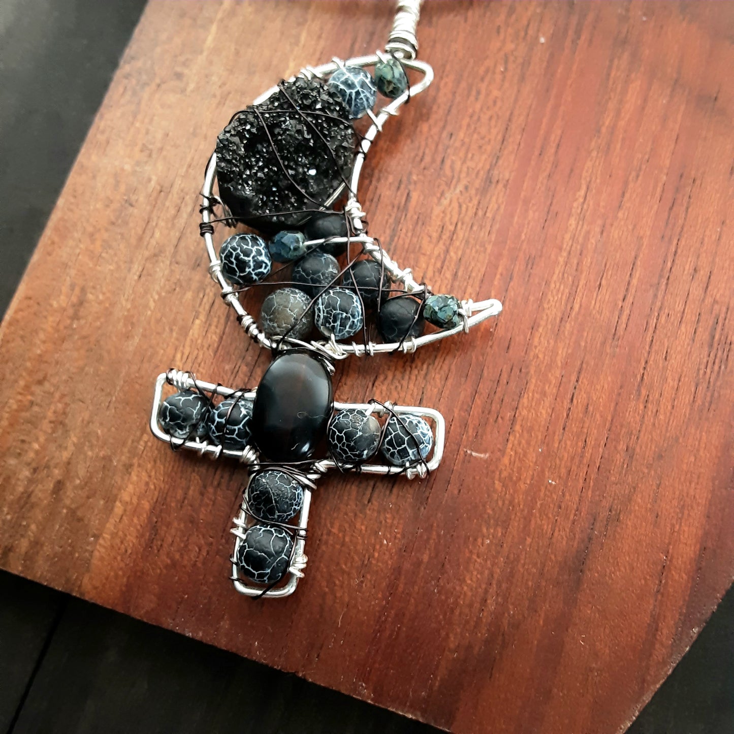 Lilith necklace Black Moon Astrology symbol Pagan necklace Obsidian and Agate handmade pendant with druzy focal