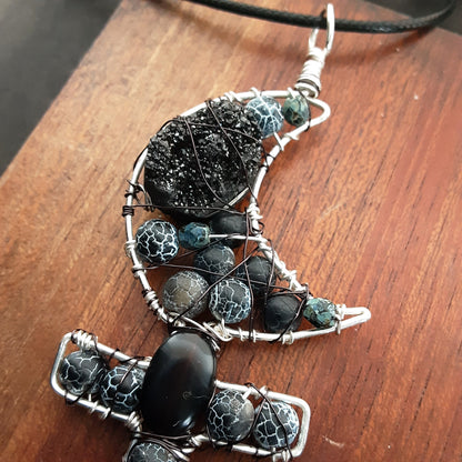 Lilith necklace Black Moon Astrology symbol Pagan necklace Obsidian and Agate handmade pendant with druzy focal