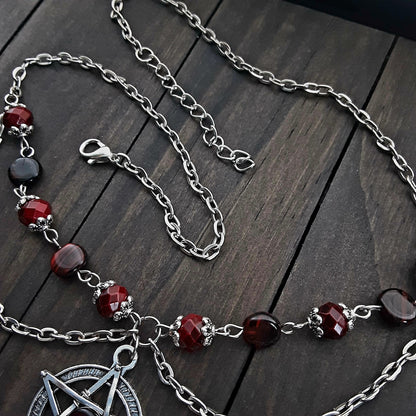 Gothic Red Pentacle necklace Deep blood red beaded Witch jewelry Pagan