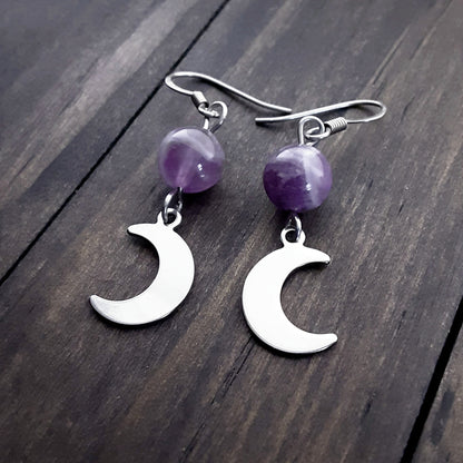 Amethyst earrings with crescent moons, Surgical steel and Stainless steel