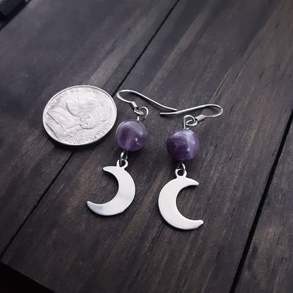 Amethyst earrings with crescent moons, Surgical steel and Stainless steel