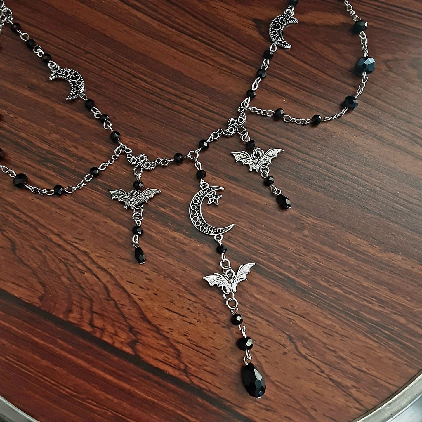 Gothic bat and crescent moon necklace Adjustable Black crystal beaded