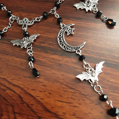 Gothic bat and crescent moon necklace Adjustable Black crystal beaded