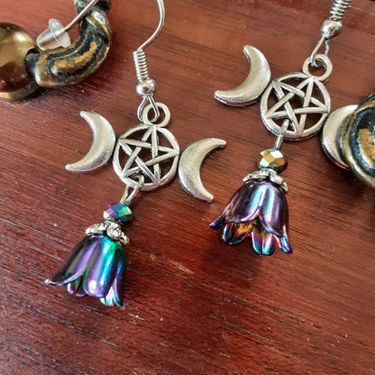 Triple Moon Goddess Earrings Floral Spring Goddess Jewelry