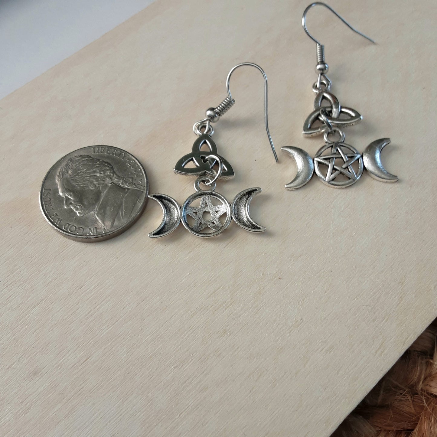 The Morrigan earrings Triquetra and Triple Moon Goddess