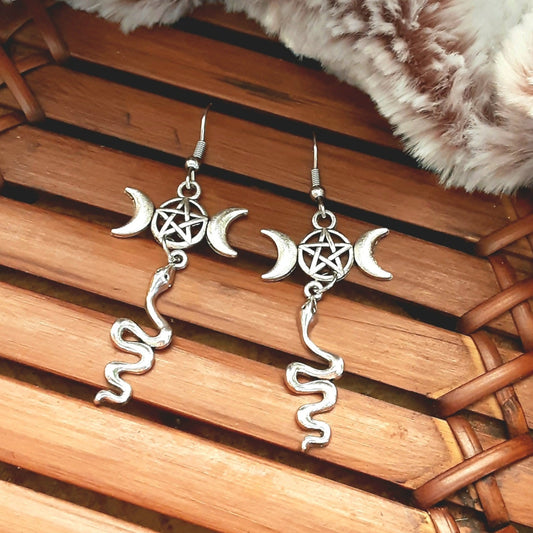 Hekate earrings Triple Moon Goddess and Snakes