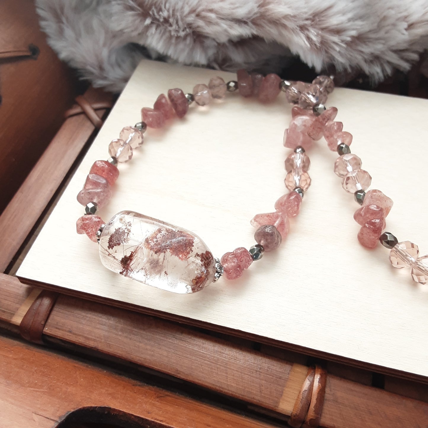 Rutilated Quartz necklace with Strawberry Quartz