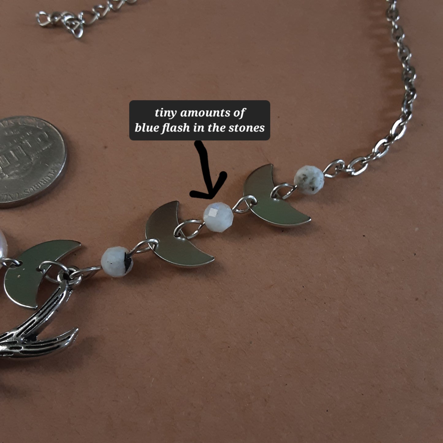 Moon phase necklace with deer and moonstone