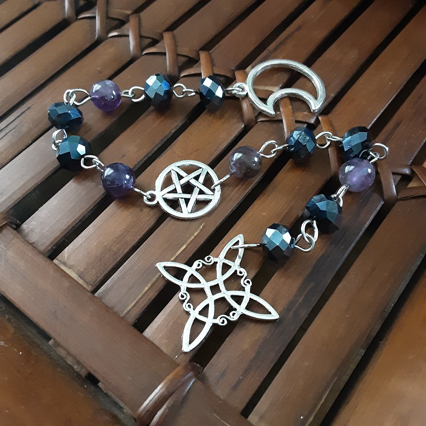 Prayer beads with Amethyst Witch Knot and Crescent Moon