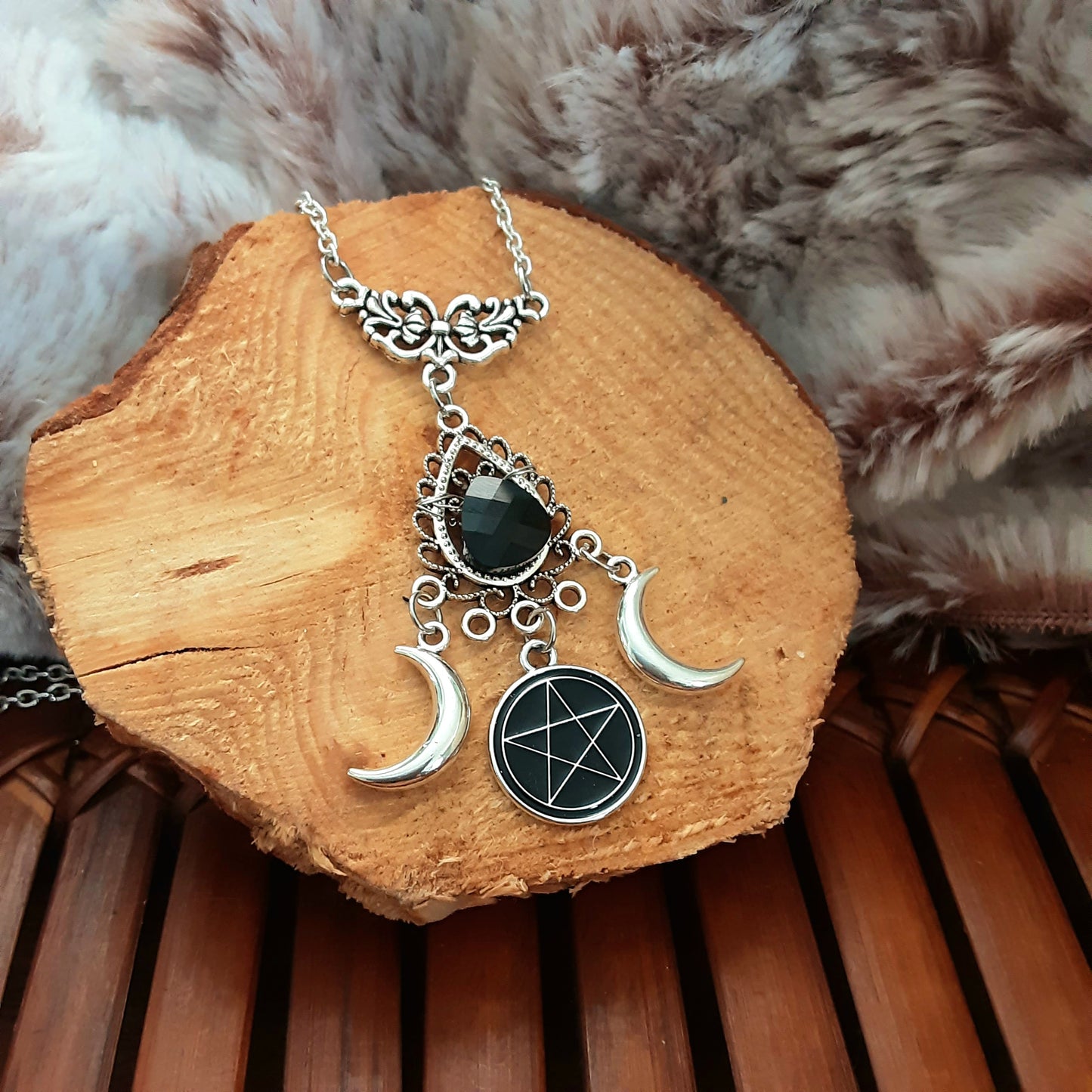 Witch necklace with pentacle and crescent moons