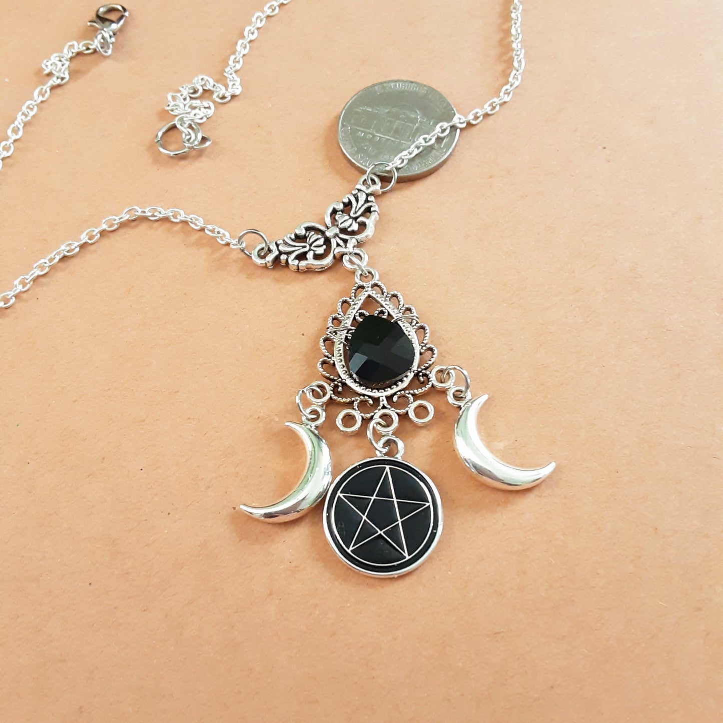Witch necklace with pentacle and crescent moons