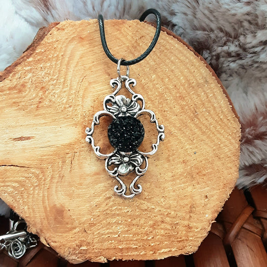 Black faux druzy and flower necklace