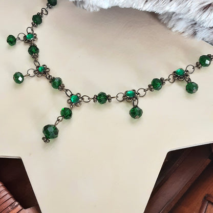 Brass and green rhinestone flower necklace