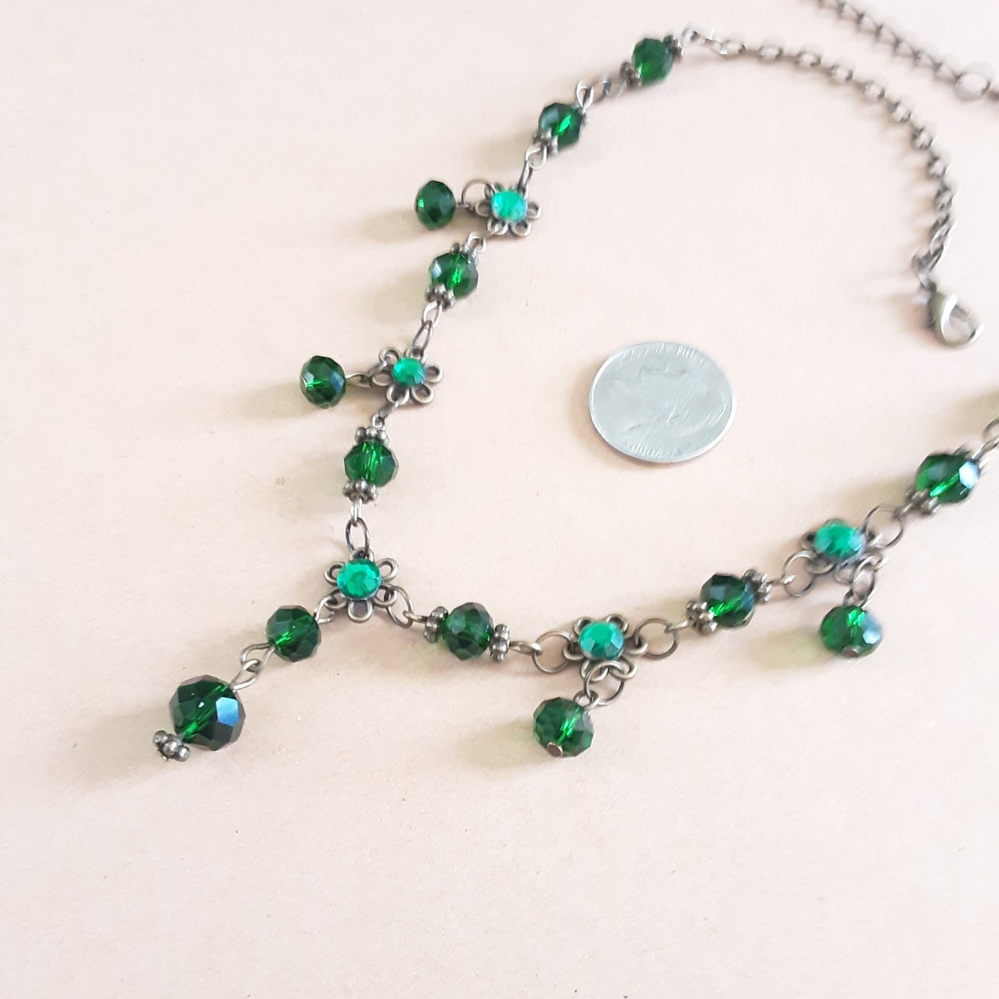 Brass and green rhinestone flower necklace