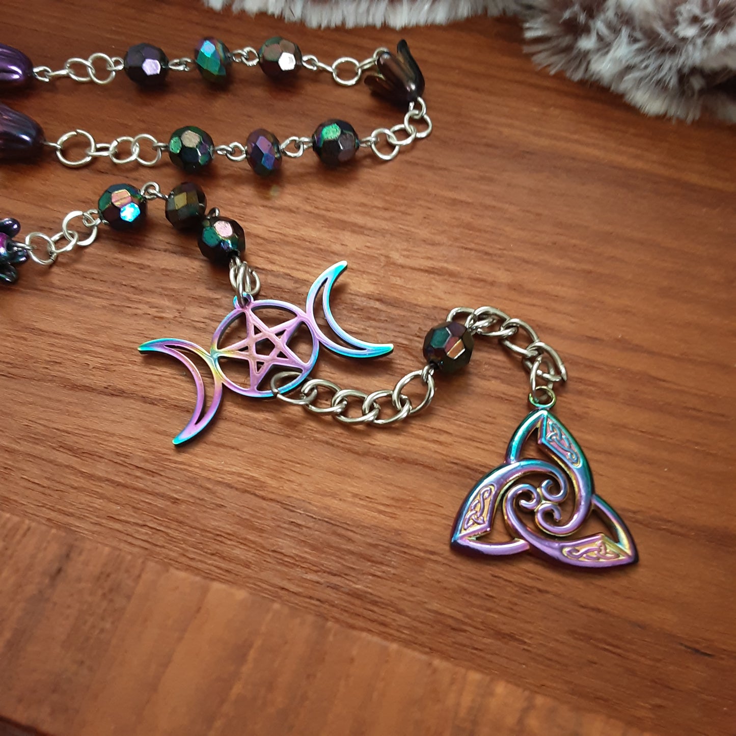 Triple Moon Goddess prayer beads with dark rainbow flowers