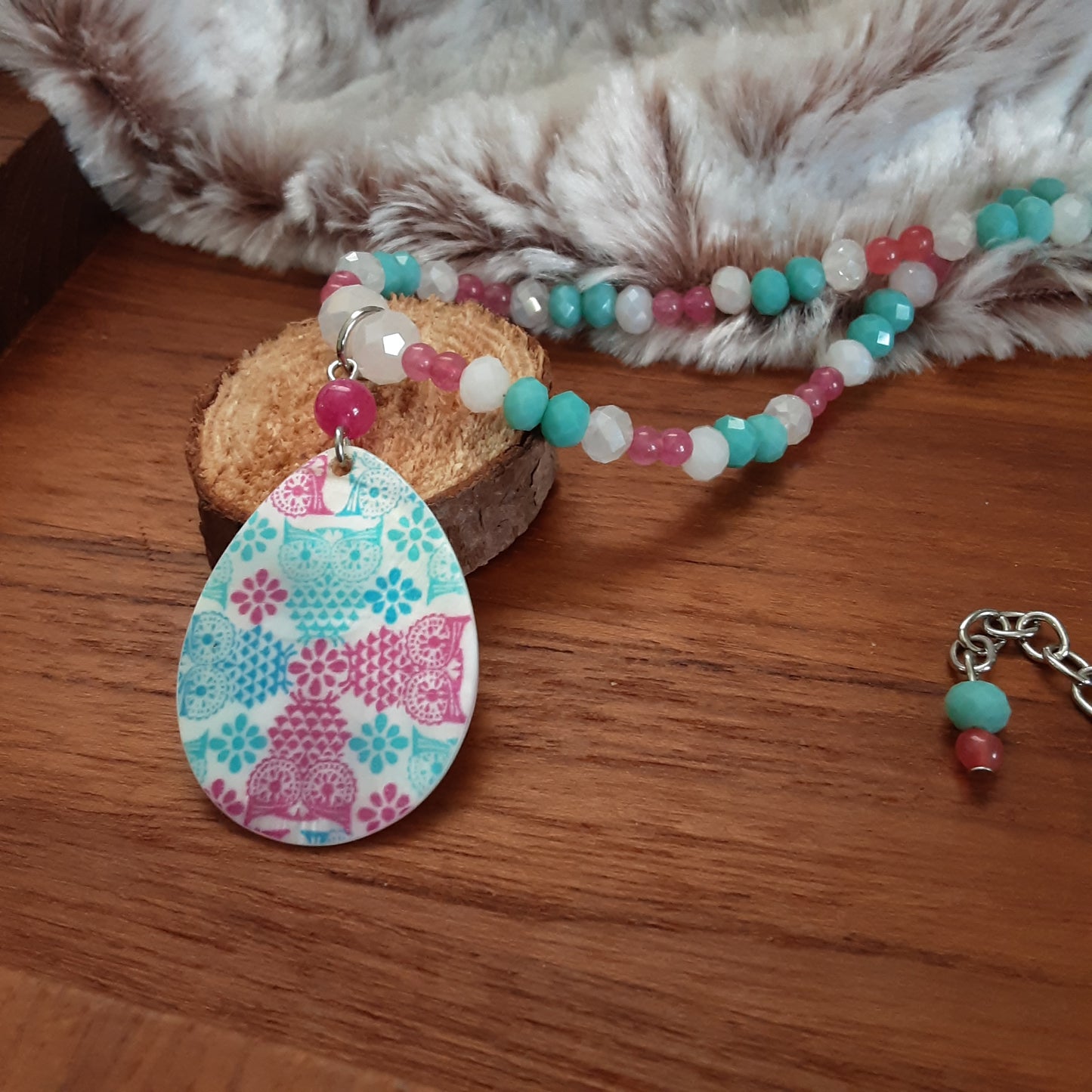 Owl necklace in blue, white and pink