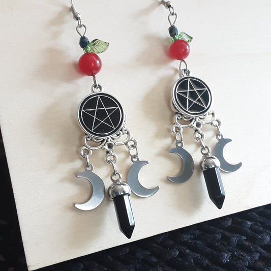 Lilith earrings with apples, Obsidian, moons and pentacles