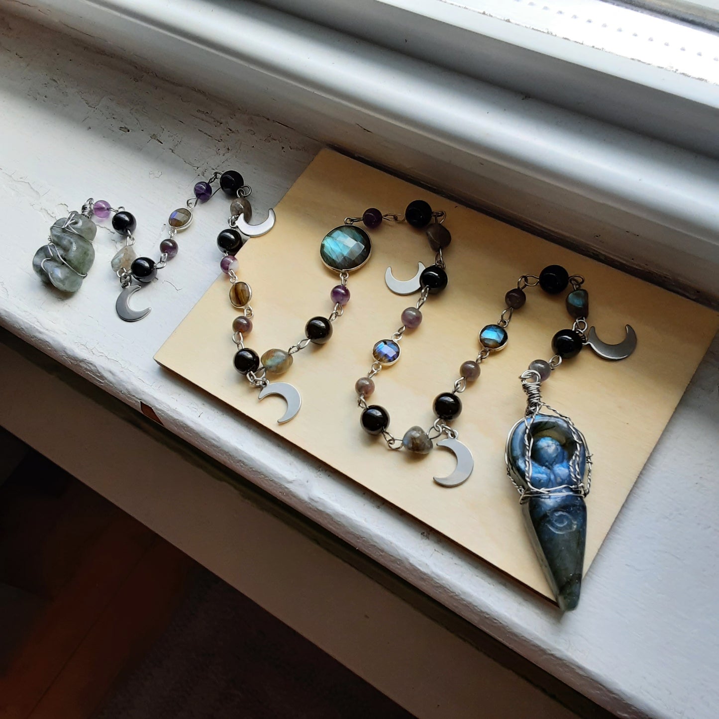 Labradorite Goddess prayer ladder in stainless steel