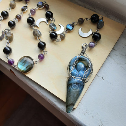 Labradorite Goddess prayer ladder in stainless steel