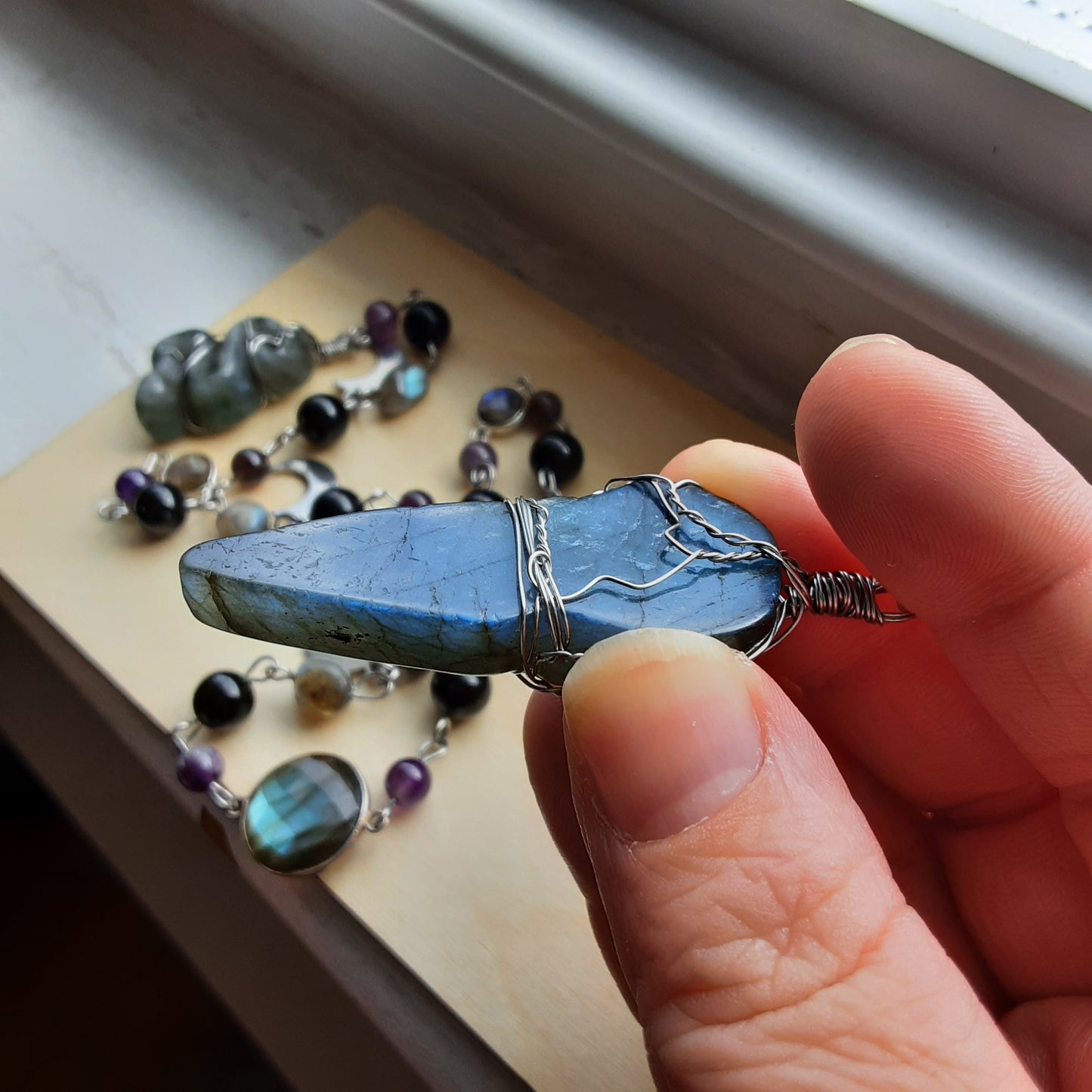 Labradorite Goddess prayer ladder in stainless steel