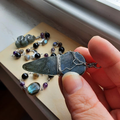 Labradorite Goddess prayer ladder in stainless steel