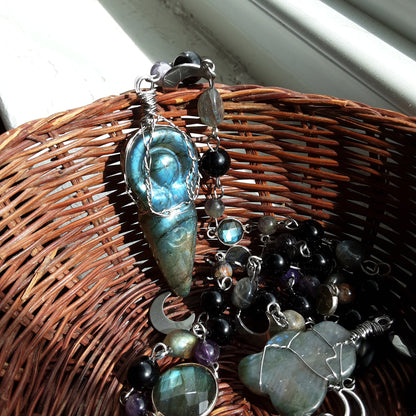 Labradorite Goddess prayer ladder in stainless steel