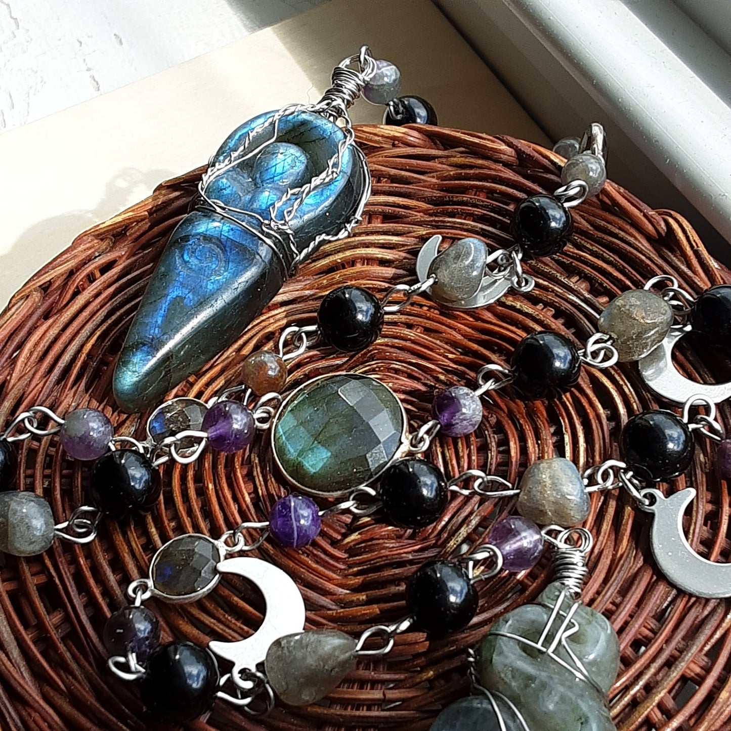 Labradorite Goddess prayer ladder in stainless steel