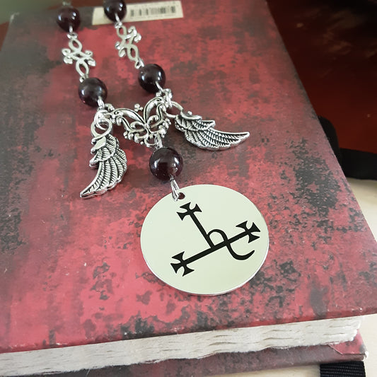 Lilith sigil and wing necklace with Garnet